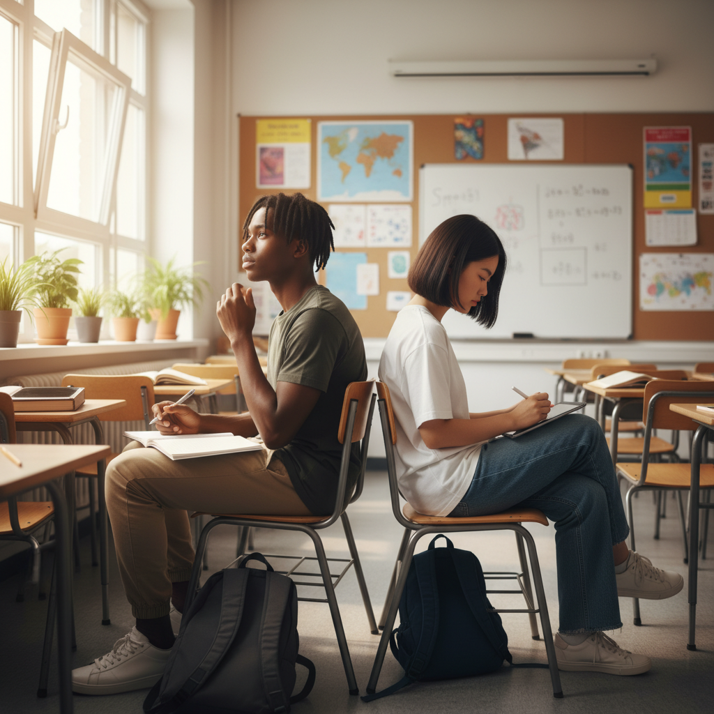 Two students sitting back-to-back